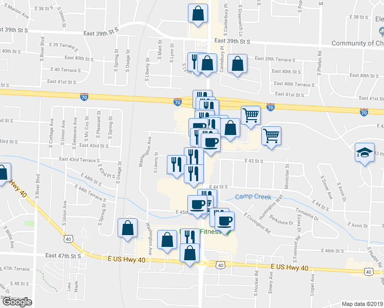 map of restaurants, bars, coffee shops, grocery stores, and more near 4312 South Noland Road in Independence