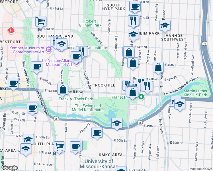 map of restaurants, bars, coffee shops, grocery stores, and more near 712 Cleaver II Boulevard in Kansas City
