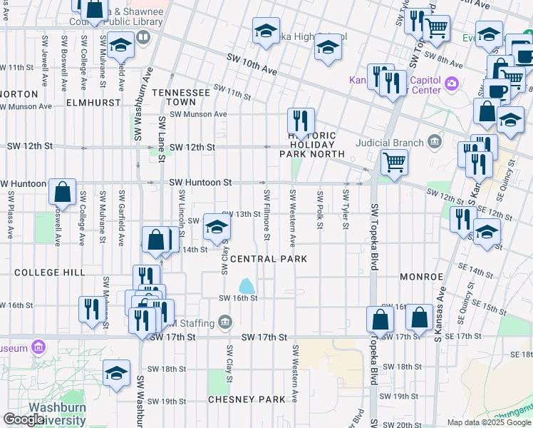 map of restaurants, bars, coffee shops, grocery stores, and more near 1325 Southwest Fillmore Street in Topeka