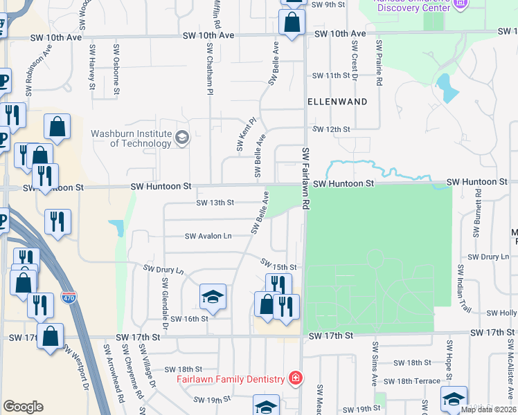 map of restaurants, bars, coffee shops, grocery stores, and more near 5401 Southwest 14th Street in Topeka