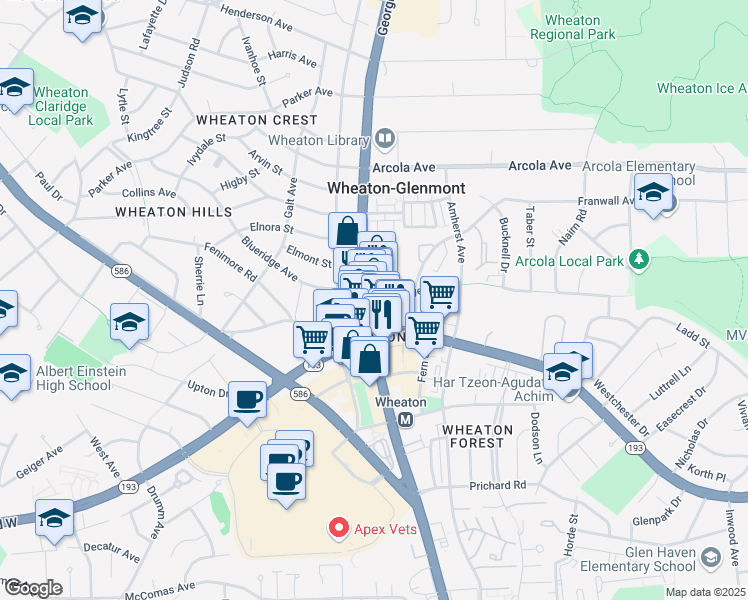map of restaurants, bars, coffee shops, grocery stores, and more near in Wheaton-Glenmont