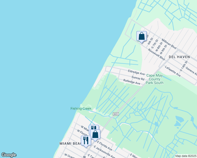 map of restaurants, bars, coffee shops, grocery stores, and more near 307 Delaware Avenue in Cape May County