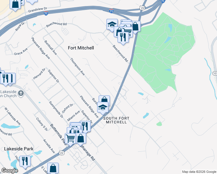 map of restaurants, bars, coffee shops, grocery stores, and more near 22 Thompson Avenue in Fort Mitchell