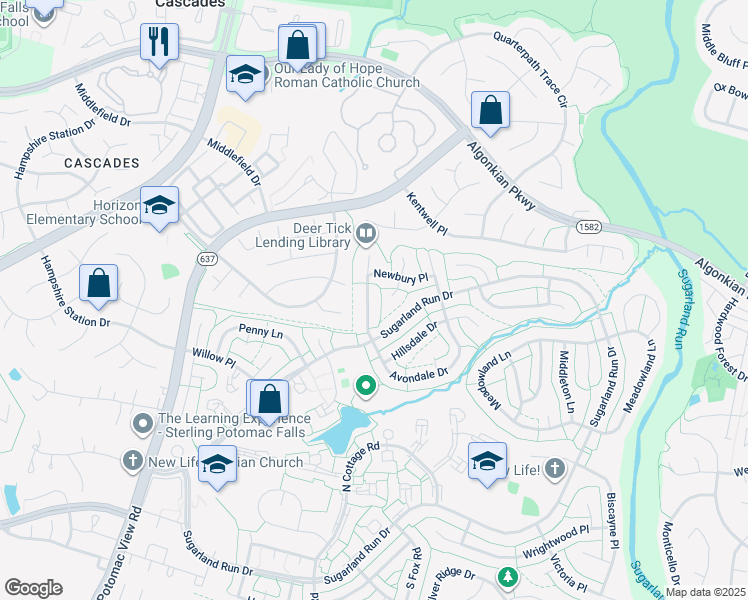 map of restaurants, bars, coffee shops, grocery stores, and more near 125 Avondale Drive in Sterling