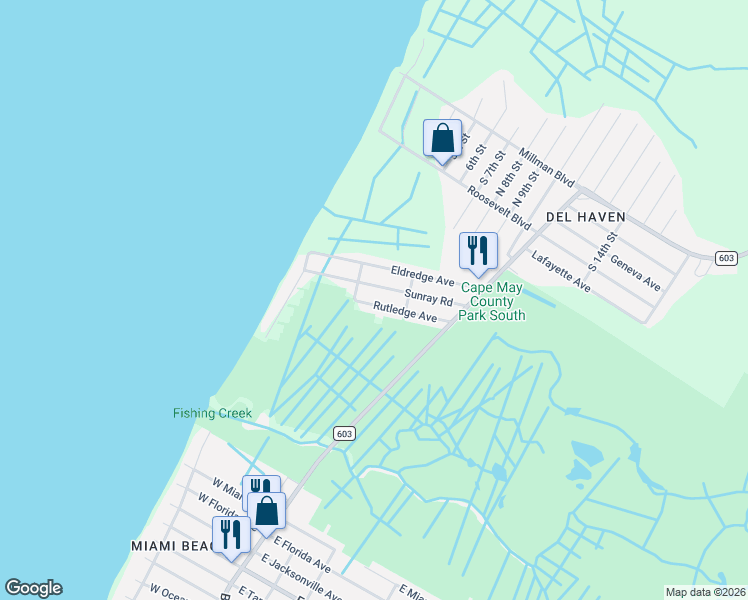 map of restaurants, bars, coffee shops, grocery stores, and more near 13 Rutledge Avenue in Cape May County