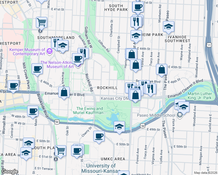 map of restaurants, bars, coffee shops, grocery stores, and more near Brush Creek Boulevard in Kansas City