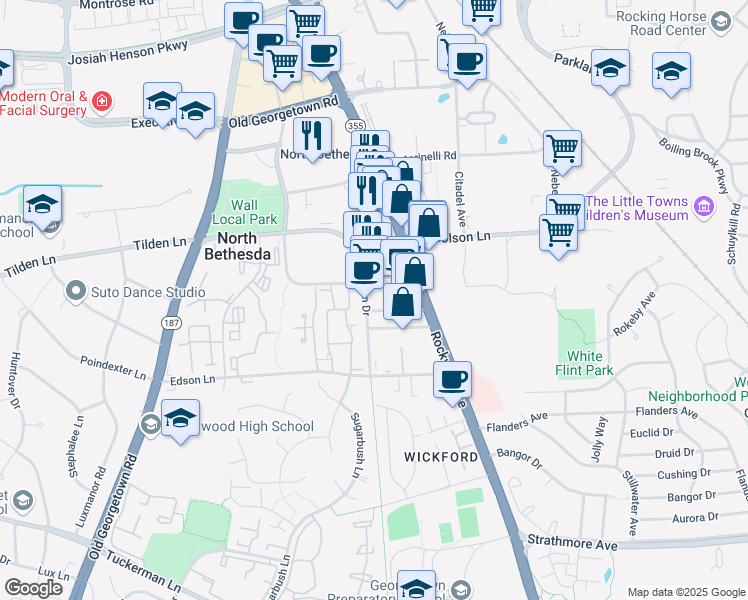 map of restaurants, bars, coffee shops, grocery stores, and more near 11351 Woodglen Drive in North Bethesda