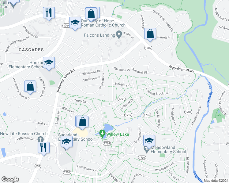 map of restaurants, bars, coffee shops, grocery stores, and more near 125 Avondale Drive in Sterling