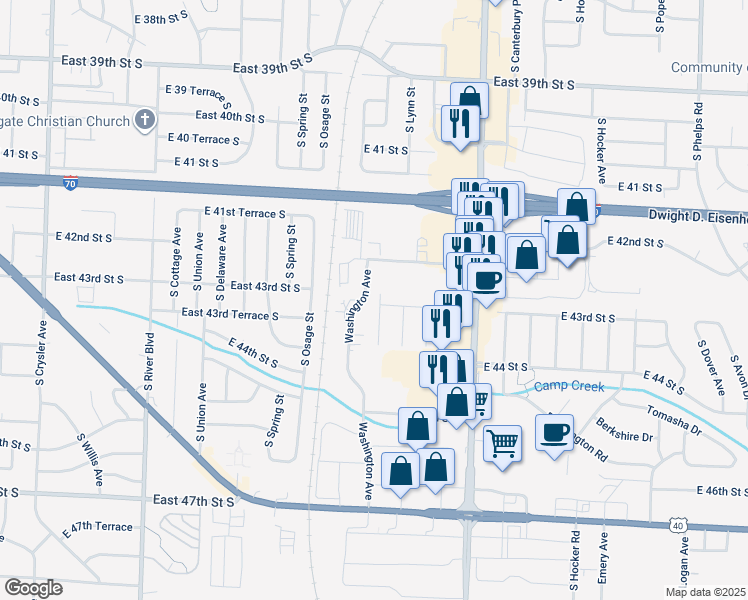 map of restaurants, bars, coffee shops, grocery stores, and more near 13665 East 42nd Terrace South in Independence