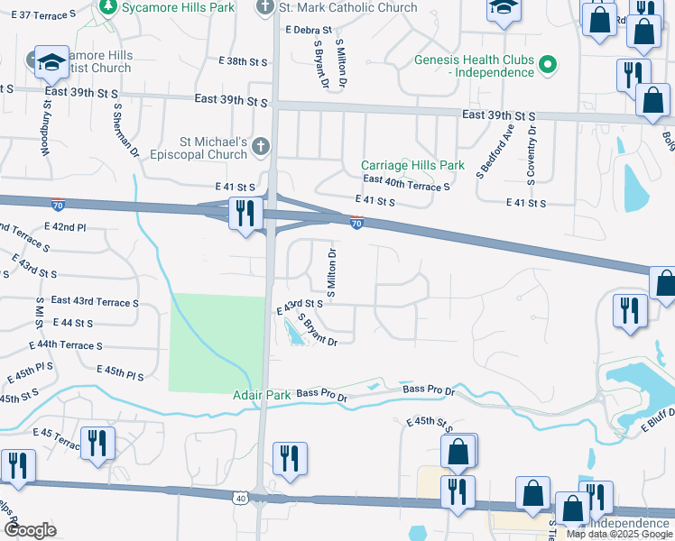 map of restaurants, bars, coffee shops, grocery stores, and more near 4142 South Milton Drive in Independence