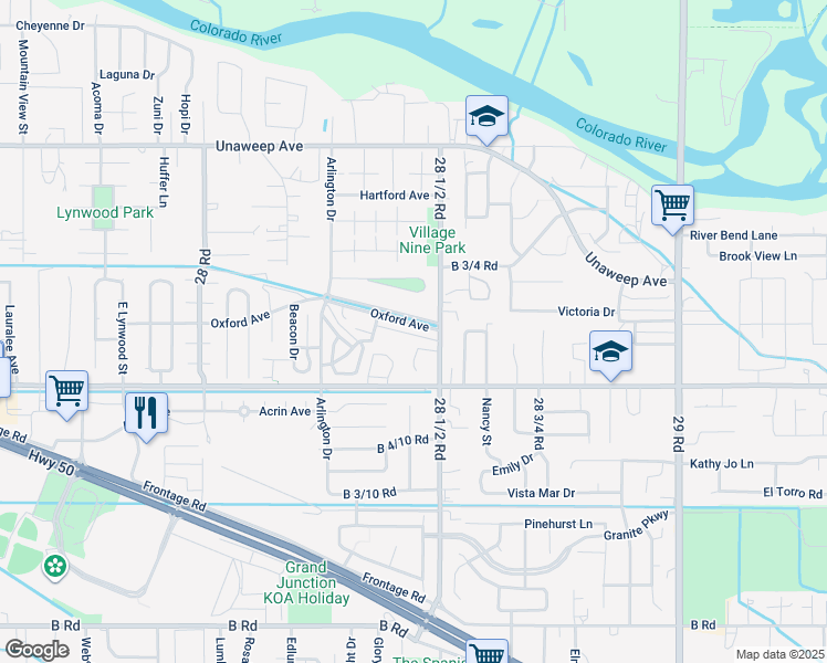 map of restaurants, bars, coffee shops, grocery stores, and more near 2848 Oxford Ave in Grand Junction