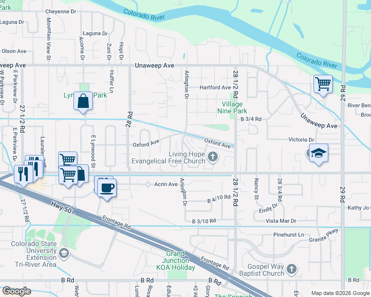 map of restaurants, bars, coffee shops, grocery stores, and more near 272 Terrace Court in Grand Junction