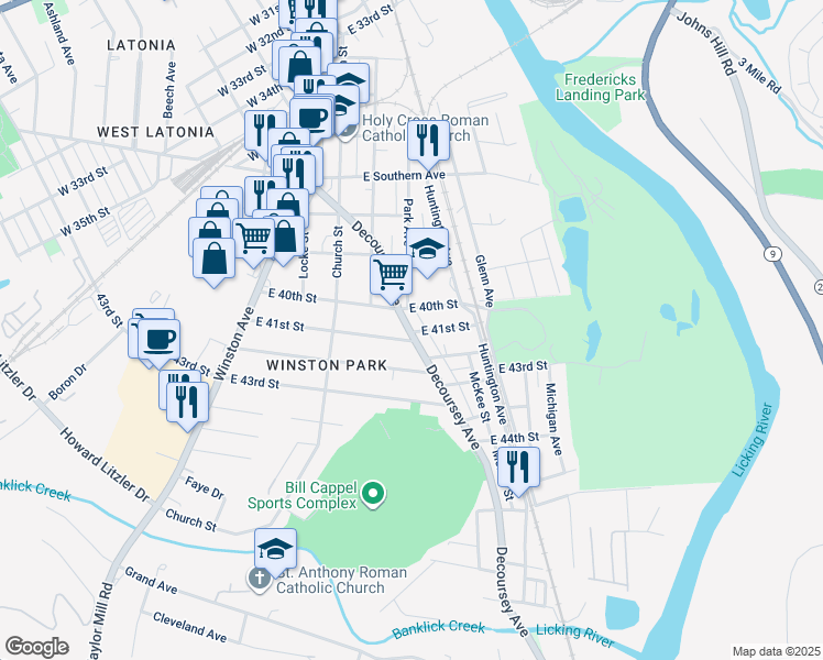 map of restaurants, bars, coffee shops, grocery stores, and more near 3938 Decoursey Avenue in Covington