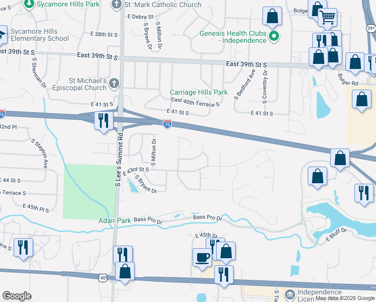 map of restaurants, bars, coffee shops, grocery stores, and more near 42ND East R D Mize Road in Independence
