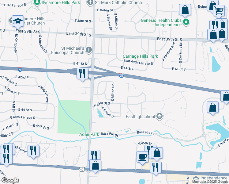 map of restaurants, bars, coffee shops, grocery stores, and more near 4142 South Milton Drive in Independence