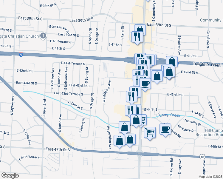 map of restaurants, bars, coffee shops, grocery stores, and more near 13665 East 42nd Terrace South in Independence