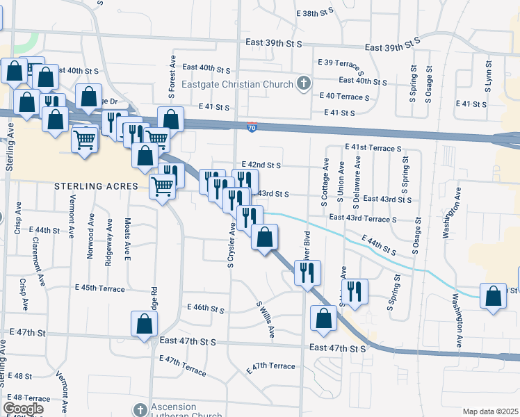 map of restaurants, bars, coffee shops, grocery stores, and more near 12310 East 43rd Street South in Independence