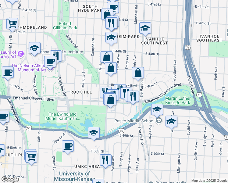map of restaurants, bars, coffee shops, grocery stores, and more near 1119 Brush Creek Boulevard in Kansas City