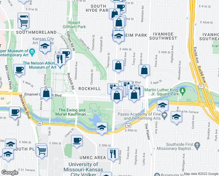 map of restaurants, bars, coffee shops, grocery stores, and more near 4601 Harrison Street in Kansas City