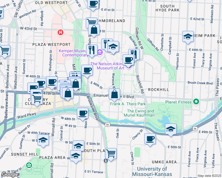 map of restaurants, bars, coffee shops, grocery stores, and more near 4550 Warwick Boulevard in Kansas City