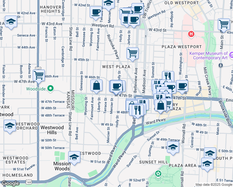 map of restaurants, bars, coffee shops, grocery stores, and more near 4616 Holly Street in Kansas City