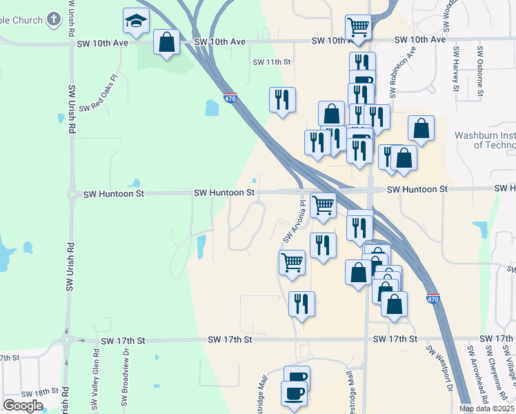 map of restaurants, bars, coffee shops, grocery stores, and more near 1307 Southwest Overlook Drive in Topeka