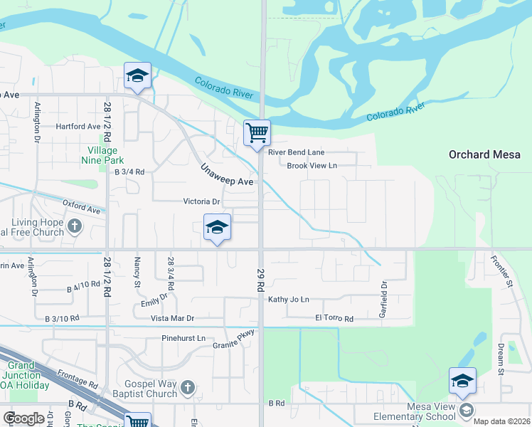 map of restaurants, bars, coffee shops, grocery stores, and more near 2904 Victoria Drive in Grand Junction