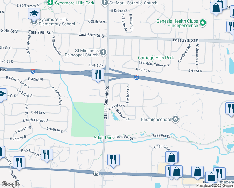 map of restaurants, bars, coffee shops, grocery stores, and more near 4121 South Carriage Lane in Independence