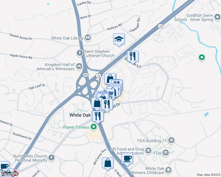 map of restaurants, bars, coffee shops, grocery stores, and more near 11255 New Hampshire Avenue in Silver Spring