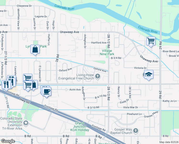 map of restaurants, bars, coffee shops, grocery stores, and more near 2825 Oxford Avenue in Grand Junction