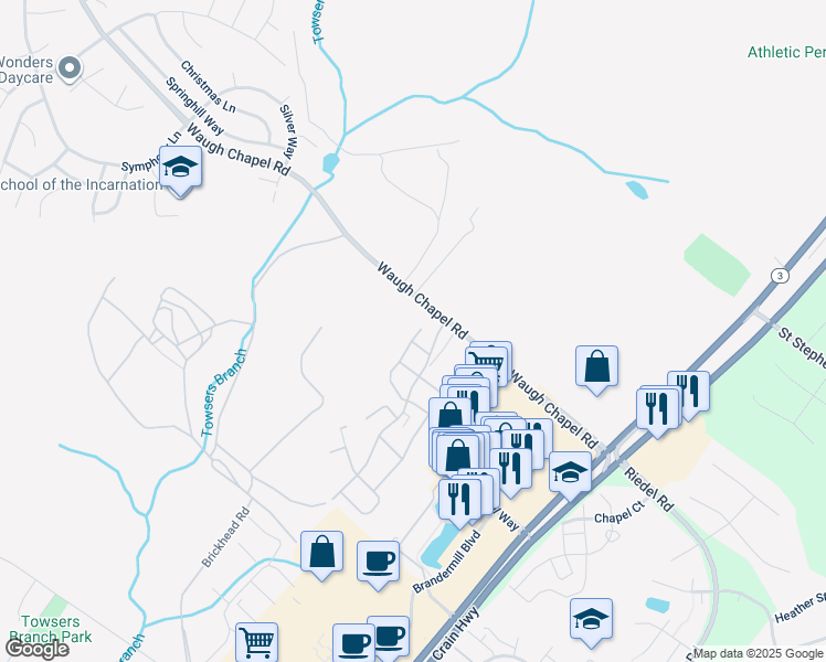 map of restaurants, bars, coffee shops, grocery stores, and more near 1008 Red Clover Road in Gambrills