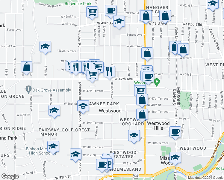 map of restaurants, bars, coffee shops, grocery stores, and more near 4710 Belinder Avenue in Westwood