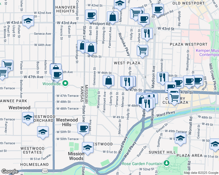 map of restaurants, bars, coffee shops, grocery stores, and more near 1500 West 47th Street in Kansas City