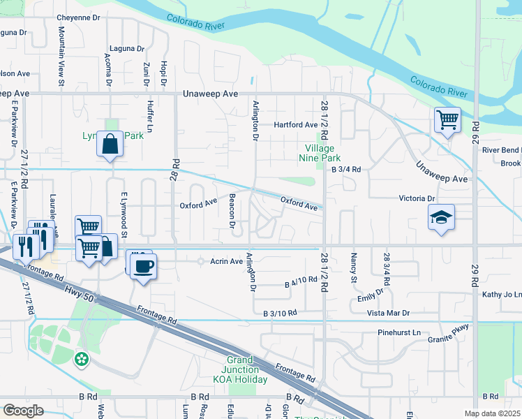 map of restaurants, bars, coffee shops, grocery stores, and more near 260 Coventry Court in Grand Junction