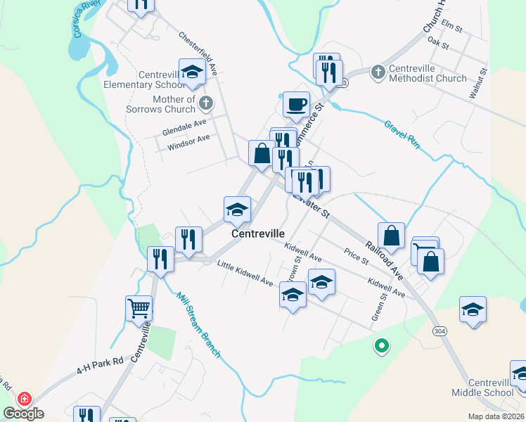 map of restaurants, bars, coffee shops, grocery stores, and more near 201 South Commerce Street in Centreville