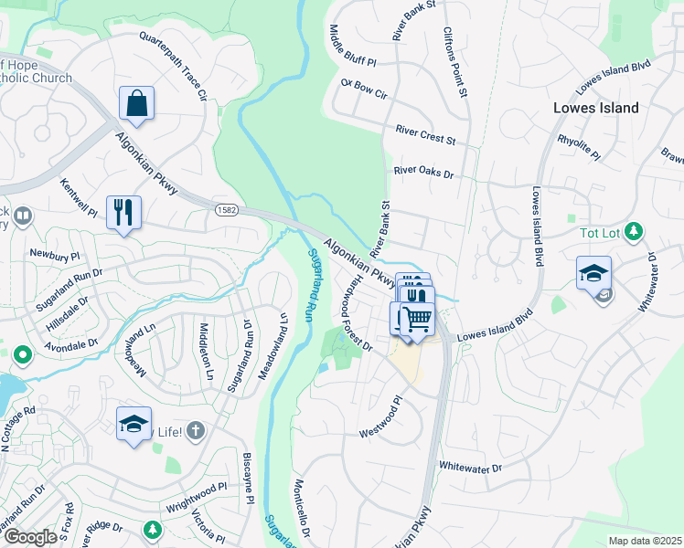 map of restaurants, bars, coffee shops, grocery stores, and more near 47327 Rock Falls Terrace in Sterling