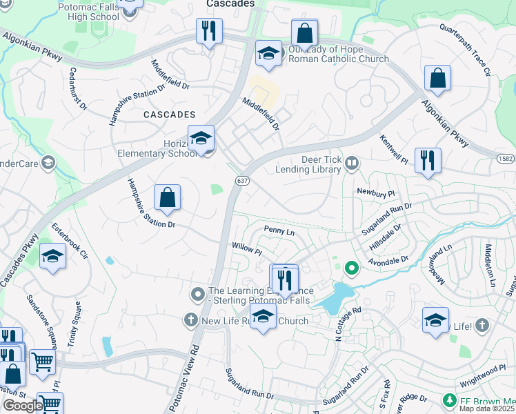 map of restaurants, bars, coffee shops, grocery stores, and more near 20687 Smithfield Court in Sterling