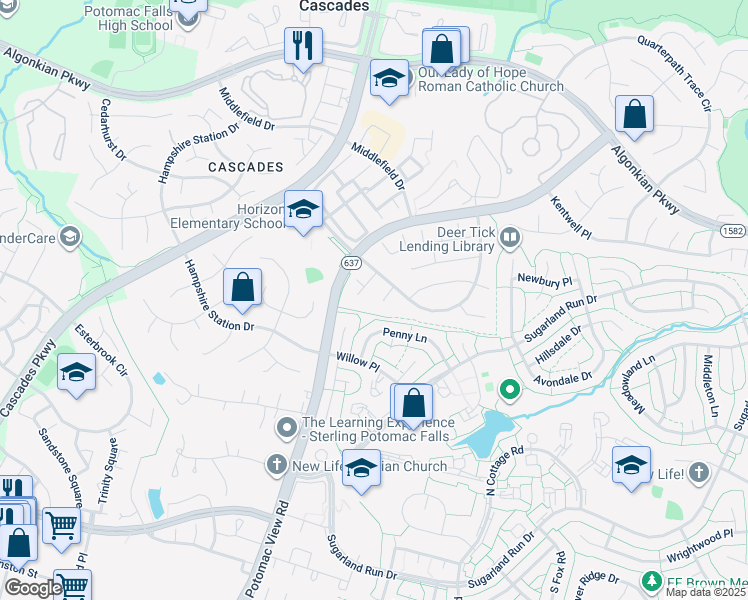 map of restaurants, bars, coffee shops, grocery stores, and more near 20687 Smithfield Court in Sterling