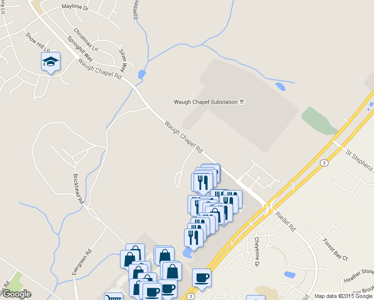 map of restaurants, bars, coffee shops, grocery stores, and more near 1174 Summerfield Road in Gambrills