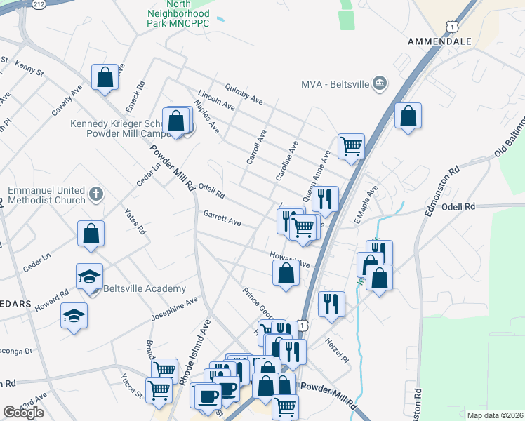 map of restaurants, bars, coffee shops, grocery stores, and more near 4816 Odell Road in Beltsville