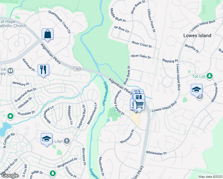 map of restaurants, bars, coffee shops, grocery stores, and more near 20689 Waterfall Branch Terrace in Sterling