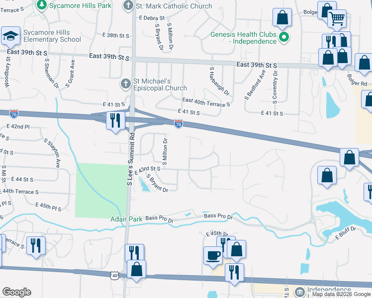 map of restaurants, bars, coffee shops, grocery stores, and more near 4110 South Kerrington Drive in Independence