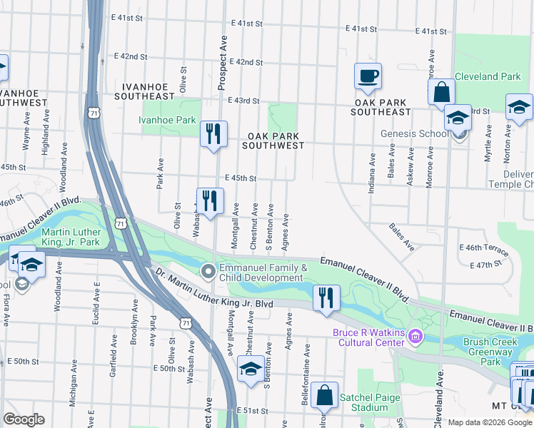 map of restaurants, bars, coffee shops, grocery stores, and more near 4526 South Benton Avenue in Kansas City