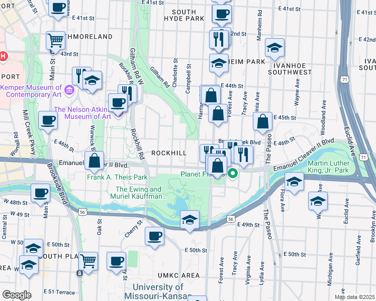 map of restaurants, bars, coffee shops, grocery stores, and more near 901 Brush Creek Boulevard in Kansas City