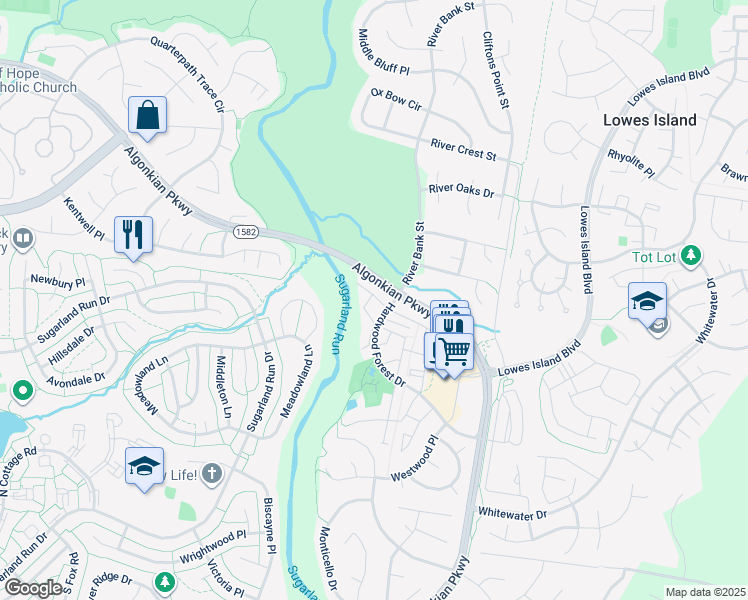 map of restaurants, bars, coffee shops, grocery stores, and more near 47327 Rock Falls Terrace in Sterling