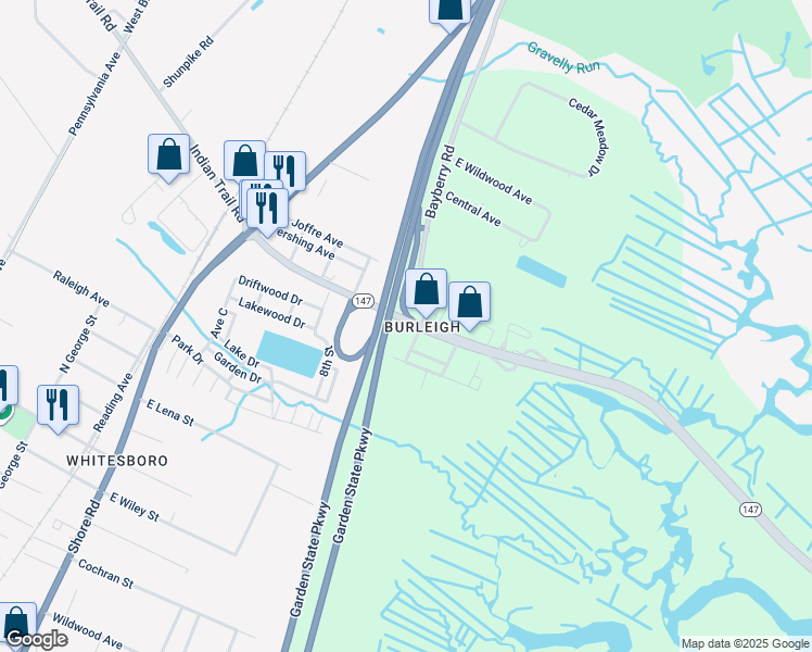 map of restaurants, bars, coffee shops, grocery stores, and more near 401 New Jersey 147 in Middle Township