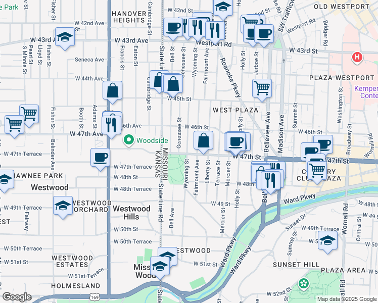 map of restaurants, bars, coffee shops, grocery stores, and more near 4629 Wyoming Street in Kansas City