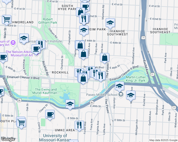 map of restaurants, bars, coffee shops, grocery stores, and more near 4611 Forest Avenue in Kansas City