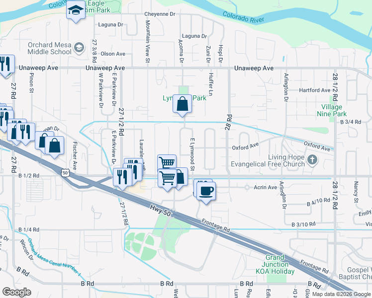map of restaurants, bars, coffee shops, grocery stores, and more near 2761 East Lynwood Street in Grand Junction