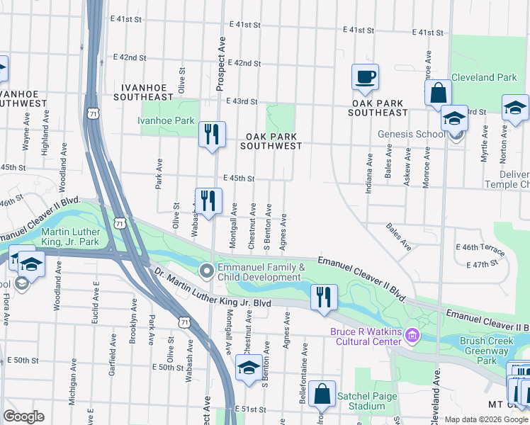 map of restaurants, bars, coffee shops, grocery stores, and more near 4526 South Benton Avenue in Kansas City